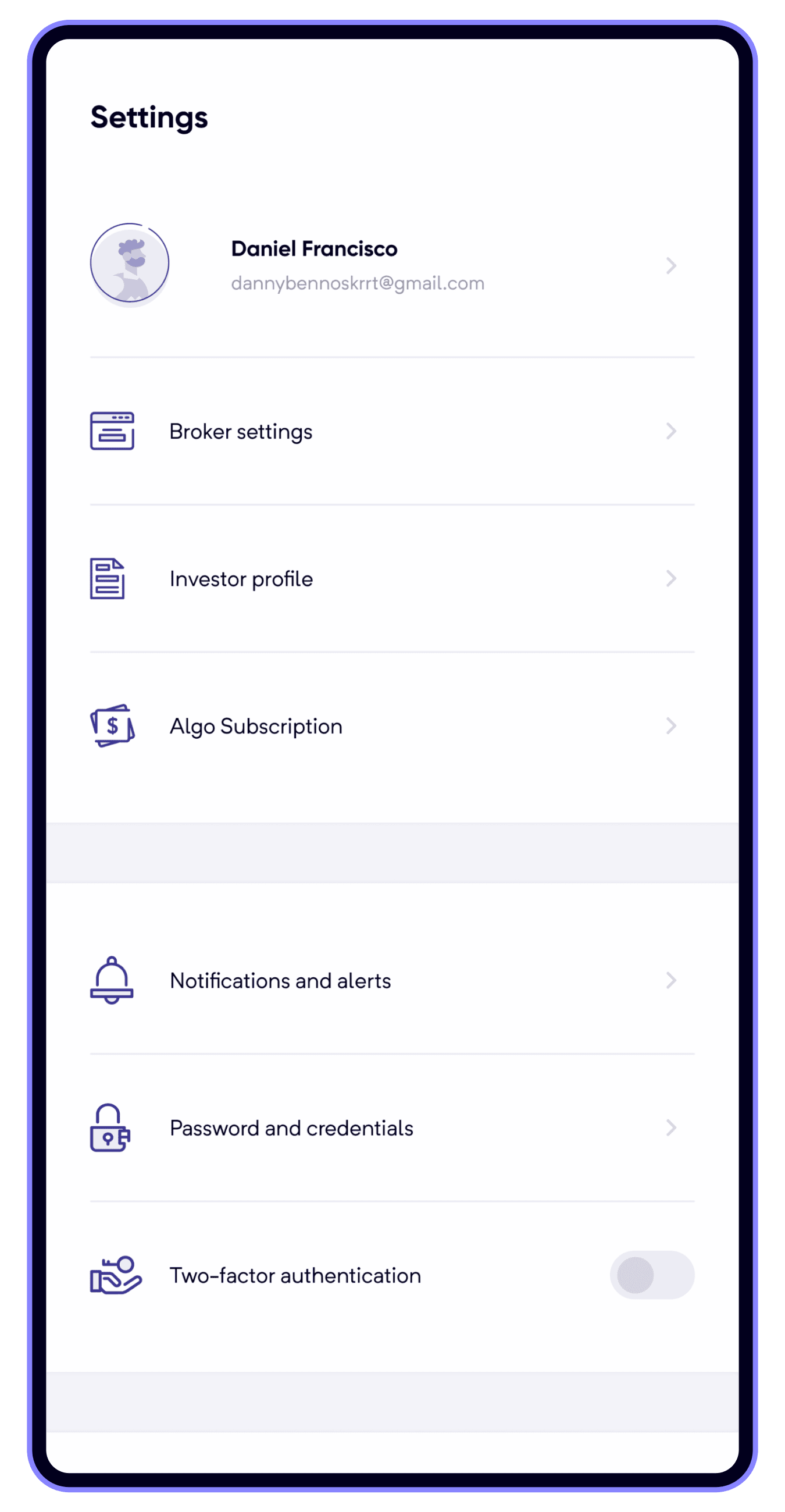 Finance app settings ui design